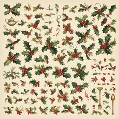 Festive Holly Berry Christmas Design Elements Vintage Illustration Holiday Sprigs Red Berries Green