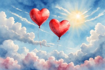 Fototapeta premium Red heart balloons in the sky against a bright background