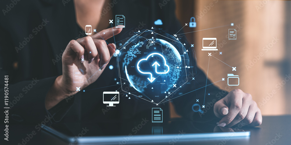 Poster digital cloud storage service concept with holographic interface.