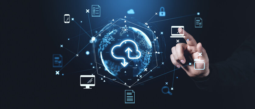 Digital cloud storage concept with global connections on dark background.