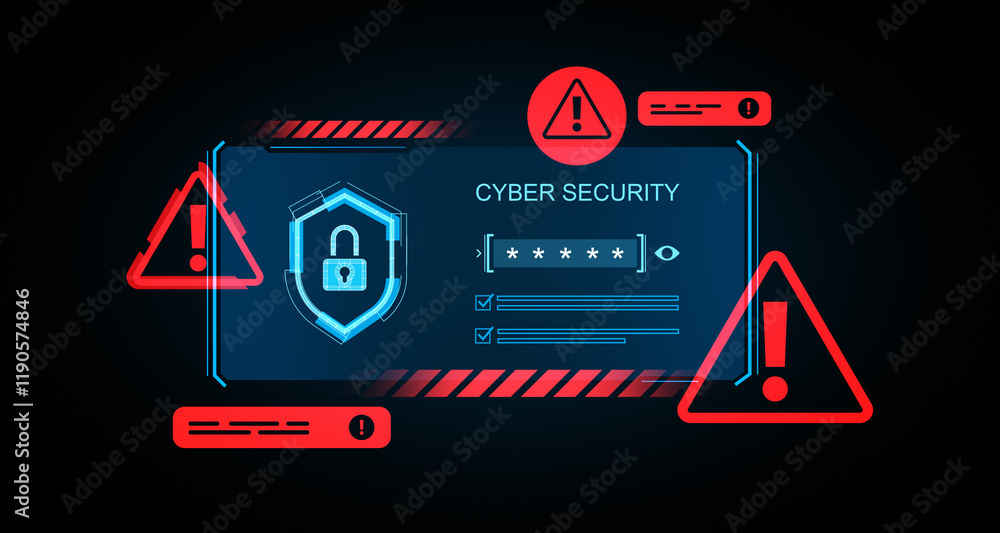 Poster cybersecurity interface with warnings and padlock symbol on digital screen. 3d rendering
