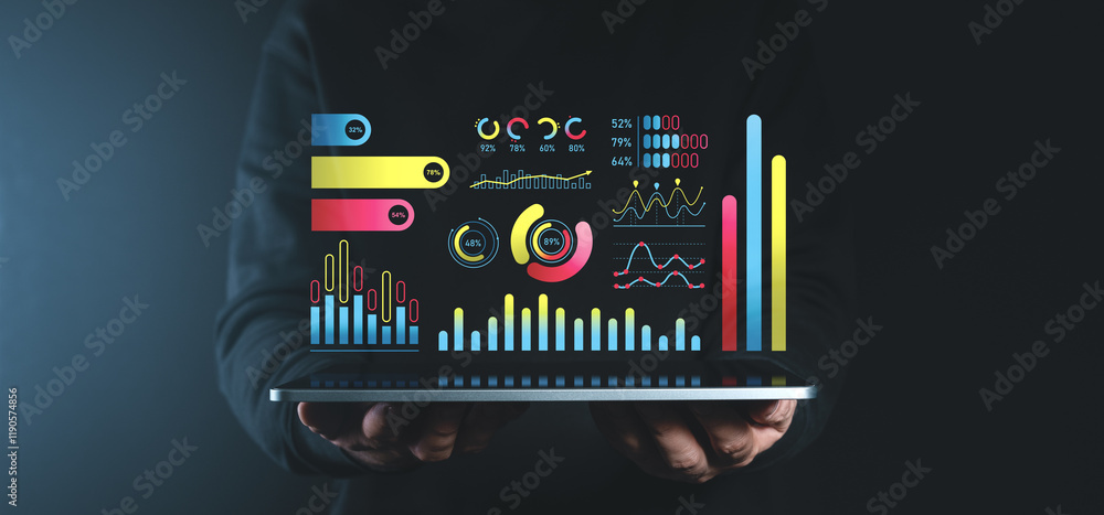 Aufkleber interactive holographic business data charts and graphs on dark background.