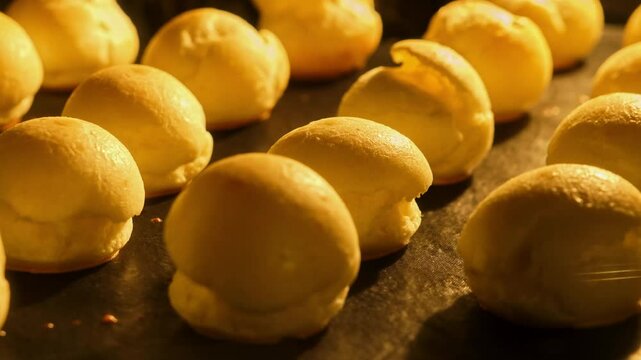 Fresh delicious French profiteroles baking in professional kitchen oven. Homemade bakery. Organic food. Baking choux pastries in oven. Slider dolly shot. Close-up in 4K, UHD