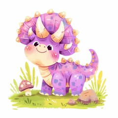 Naklejka premium Adorable Purple Triceratops Dinosaur Cartoon Illustration Cute Baby Dino in Grassland
