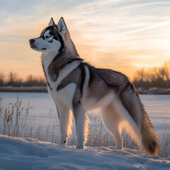 Naklejka premium Majestic husky dog standing proudly in a snowy landscape at sunset. The warm light illuminates its fur.