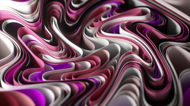 Pink and white ribbons smoothly morph and transform, creating a mesmerizing abstract visual. 3d animation