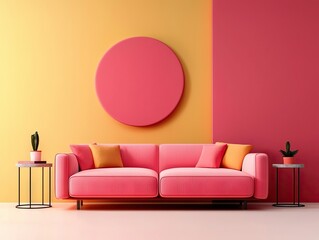 Vibrant home interior design stylish pink sofa in modern living space with colorful walls