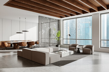 Modern office with open space interior, featuring stylish furniture and large windows overlooking a cityscape. 3D Rendering
