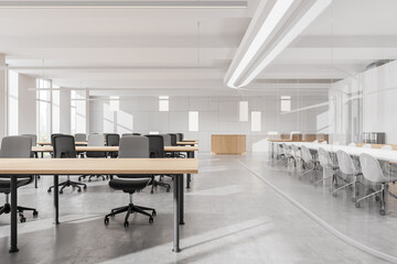 Modern open office interior with sleek furniture and bright natural lighting. 3D Rendering