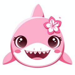 Adorable Pink Baby Shark Cartoon Illustration with Flower Cute Kawaii Style Character Design for