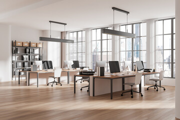 Modern open-space office with wooden flooring, large windows, and contemporary furnishings. 3D Rendering