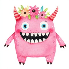 Fototapeta premium Adorable Pink Monster with Flower Crown Cute Watercolor Illustration for Kids