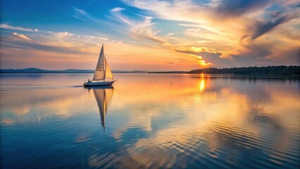 A lone sailboat glides across a serene lake at sunset, its white sails billowing gently in the fading light as it says goodbye to the water , peaceful scene, gently
