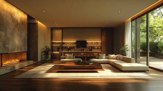 Luxury condominium interior with a private bar and open entertainment space