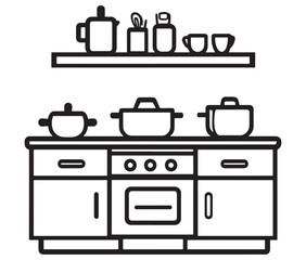 A black and white drawing of a kitchen, Line art kitchen furniture set