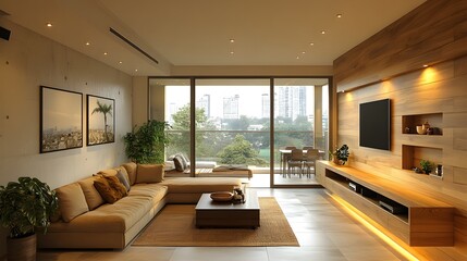 Fototapeta premium Minimalist condominium interior with an eco-friendly design and natural materials