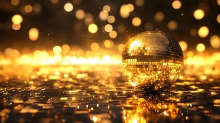 golden disco ball on black background