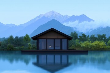 Fototapeta premium Serene Mountain House on Calm Water with Stunning Landscape View