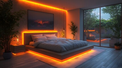 Isometric 3D render of a modern bedroom layout with a cozy bed, side tables, and soft lighting