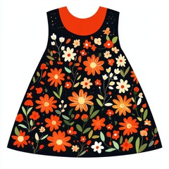 Floral Sleeveless Sundress Design Orange and Black Flower Pattern Girl s Summer Dress Illustration