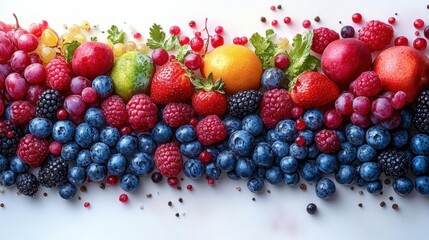 A vibrant mix of fresh berries and summer fruits arranged in a colorful pattern, creating a mouthwatering food photography image perfect for healthy e