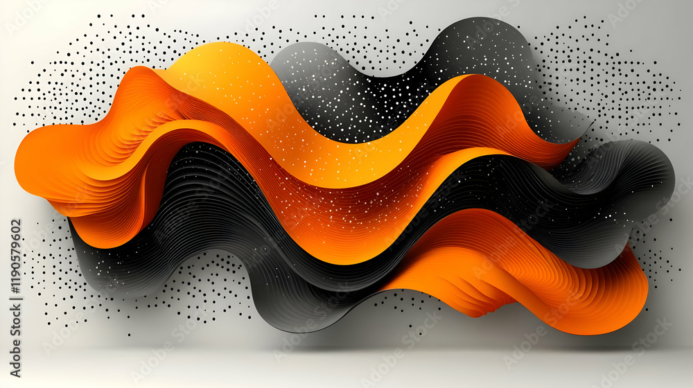 Fototapete Abstract 3D rendering of flowing orange and black waves, dynamic geometric shapes, modern background, fluid lines, gradient texture