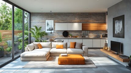 Isometric 3D render of an urban loft layout with industrial-style furniture and decor