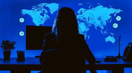 Businesswoman Silhouetted Against a Blue World Map, Working Late in a Modern Office