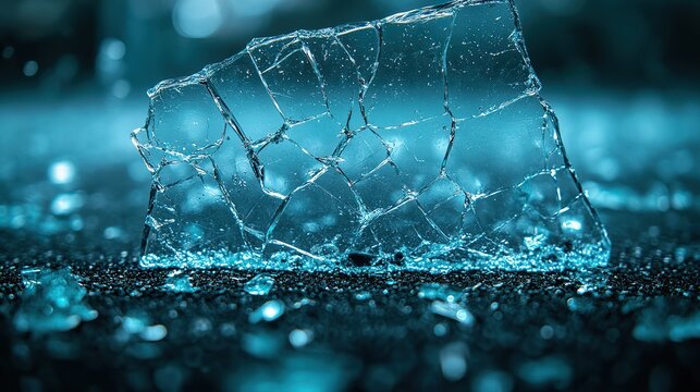 Broken glass with sharp pieces scattered on a black background illustrates the fragility of the material and potential danger of its shattered state