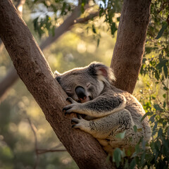 Obraz premium Sleepy koala nestled in a eucalyptus tree, enjoying the dappled sunlight filtering through the leaves.