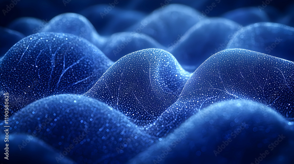 Poster Abstract Blue Glowing Particle Waves Background. Digital 3D Rendering of Illuminated Data Network. Futuristic Technology Design
