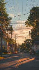 Naklejka premium Peaceful Summer Evening on a Quiet Street with Power Lines and Warm Sunset Light, Capturing the Tranquil Urban Landscape