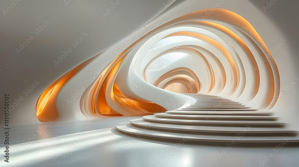 Poster abstract architectural rendering of a futuristic building interior with white curved walls and warm 