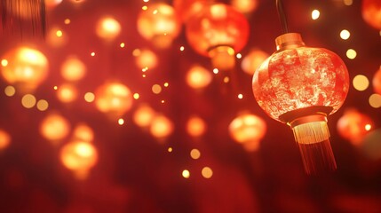 Red asian lanterns hanging on red background Festive decoration for Chinese New Year, Mid-Autumn Festival, National Day, Lantern Festival, Qixi, Qingming Festival, Chongyang Festival