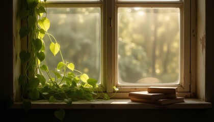 Fototapeta premium Vine plant on windowsill with soft sunlight
