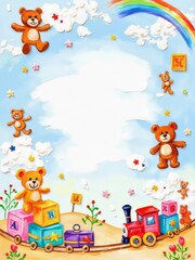 A cute template with colorful borders of toys, building blocks, and teddy bears, perfect for kids' invitations or flyers.