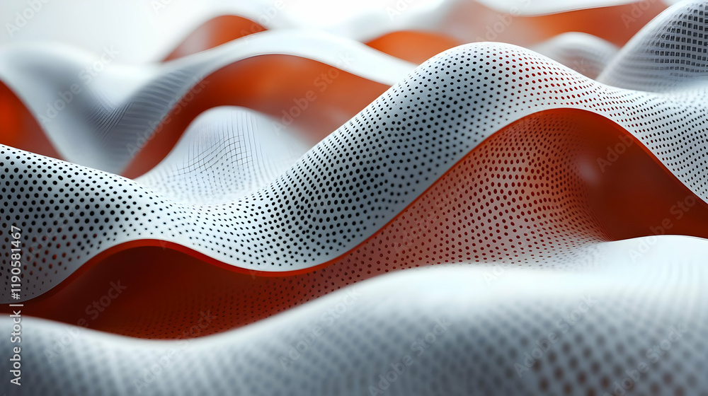 Poster abstract 3d rendering of flowing wave pattern with orange and white dots. digital illustration, geom