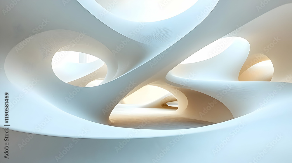 Fototapete abstract architectural rendering of a white organic structure with curved walls and soft lighting, c
