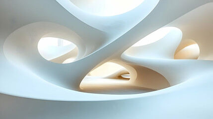 Obraz premium Abstract architectural rendering of a white organic structure with curved walls and soft lighting, creating a dreamy and surreal atmosphere.