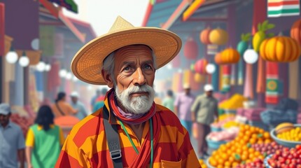 Obraz premium Elderly Man in a Colorful Market