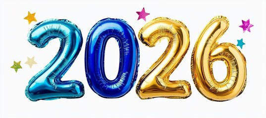 Festive Celebration Metallic Blue and Gold 2026 Balloon Numbers on a White Background