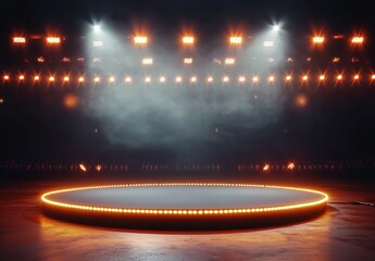 An empty circular stage on the football field, surrounded by stadium lights and spotlights, illuminated with orange light, creating an atmosphere of sports competition.