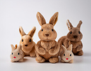 Fototapeta premium Five plush bunnies of varying sizes and shades of brown are arranged in a row against a white background. 