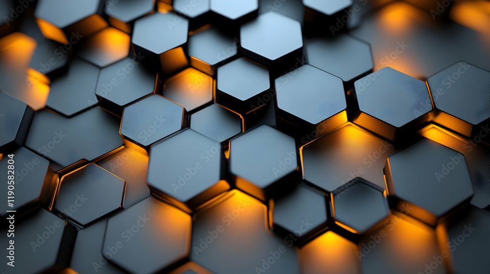 Poster abstract 3d rendering of illuminated hexagon pattern: dark gray metallic texture with orange glows