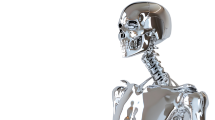 Digital rendering of a metallic human skeleton on a transparent background