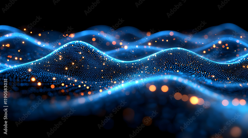 Poster abstract blue particle wave with glowing energy and dynamic movement