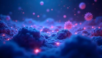 Obraz premium Surreal Cosmic Microcosm: Bioluminescent Virus Particles Amid Vibrant Pink and Blue Nebulae