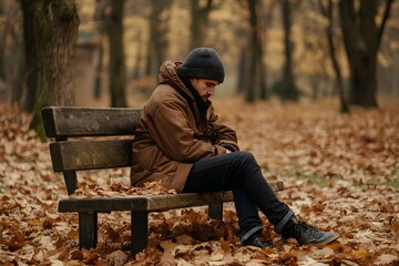 Fototapeta premium Sad Man Sitting on a Bench in Autumn Park