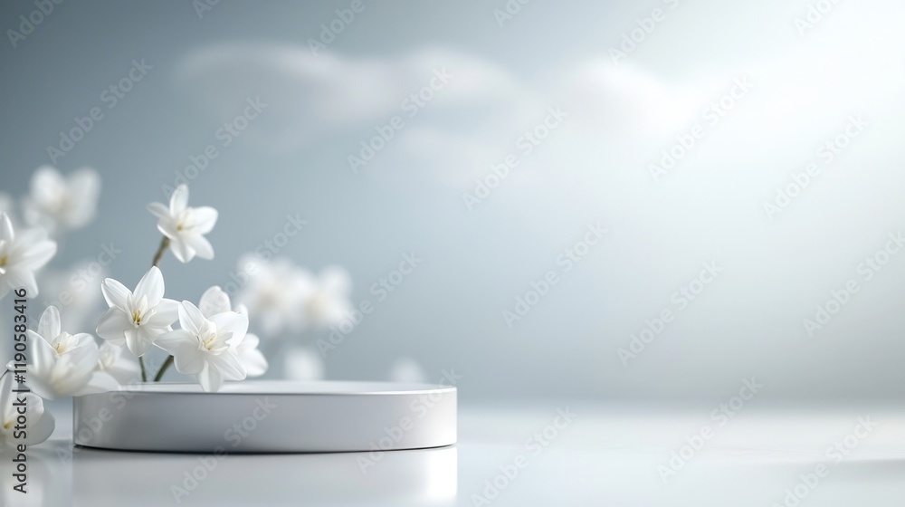 Sticker A white flower arrangement sits on a white pedestal