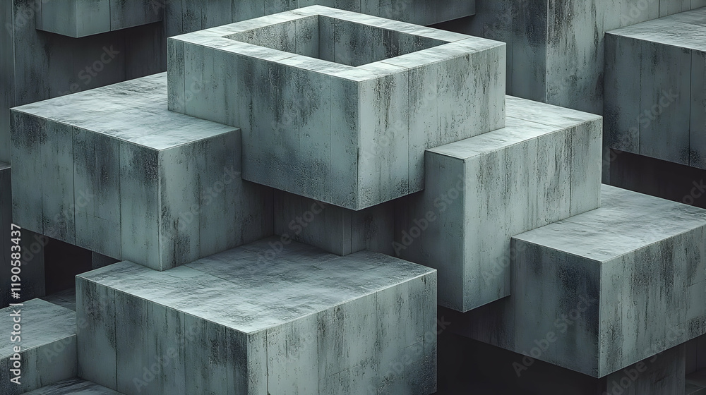 Poster abstract 3d rendering of stacked concrete cubes, gray geometric texture